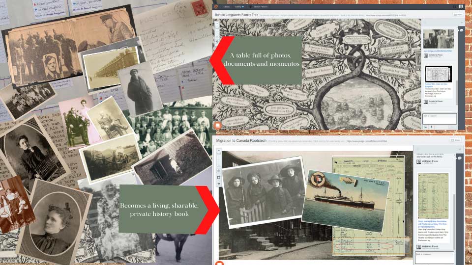 Left, a collage of old photos and documents. Right, similar documents displayed in a digital interface. Text: "A table full of photos, documents, and momentos becomes a living, sharable, private history book"