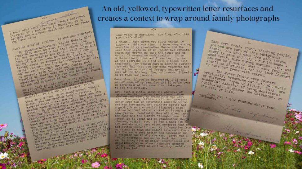 The text "An old, yellowed, typewritten letter resurfaces and creates a context to wrap around family photographs" above photos of three pages of such a letter, superimposed over a meadow of wildflowers