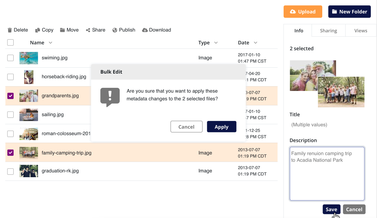 A design mockup showing a workflow to add metadata to multiple files at once. Here, the files grandparents.jpg and family-camping-trip.jpg are selected, and a description reading "Family reunion camping trip to Acadia National Park" is being added to both. A confirmation modal asks the user to confirm that they want to edit multiple files.