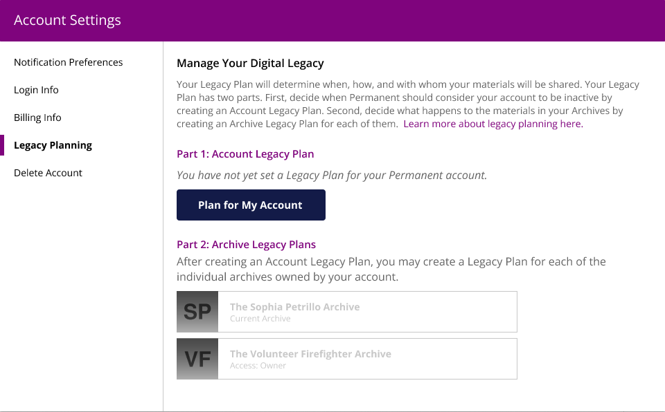 A design mockup for a legacy settings page for permanent.org. It includes sections for account-level and archive-level legacy plans