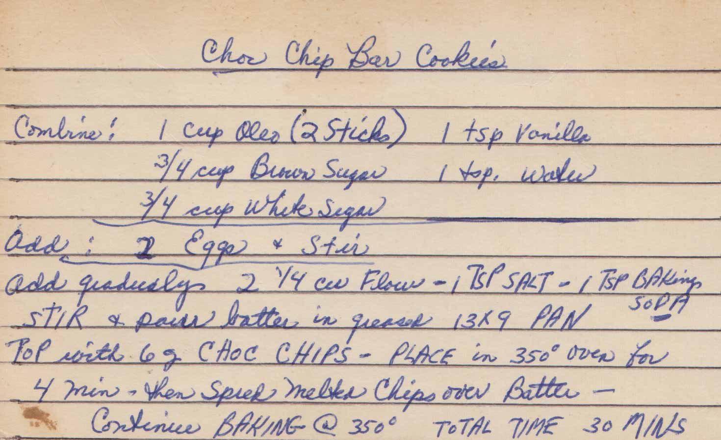 aged handwritten chocolate chip bar cookie recipe