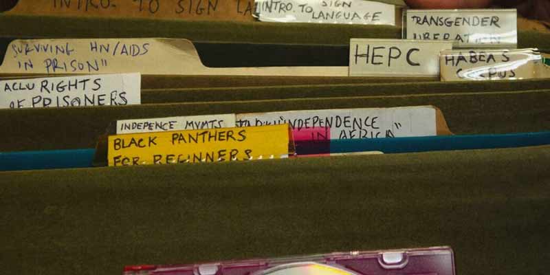 Several file folders; visible labels read "Black Panthers for Beginners", "Independence in Africa", "HEP C", "Intro to Sign Language", "HIV/AIDS", "Independence Mvmts", "Transgender Liberation", and "ACLU Rights of Prisoners"