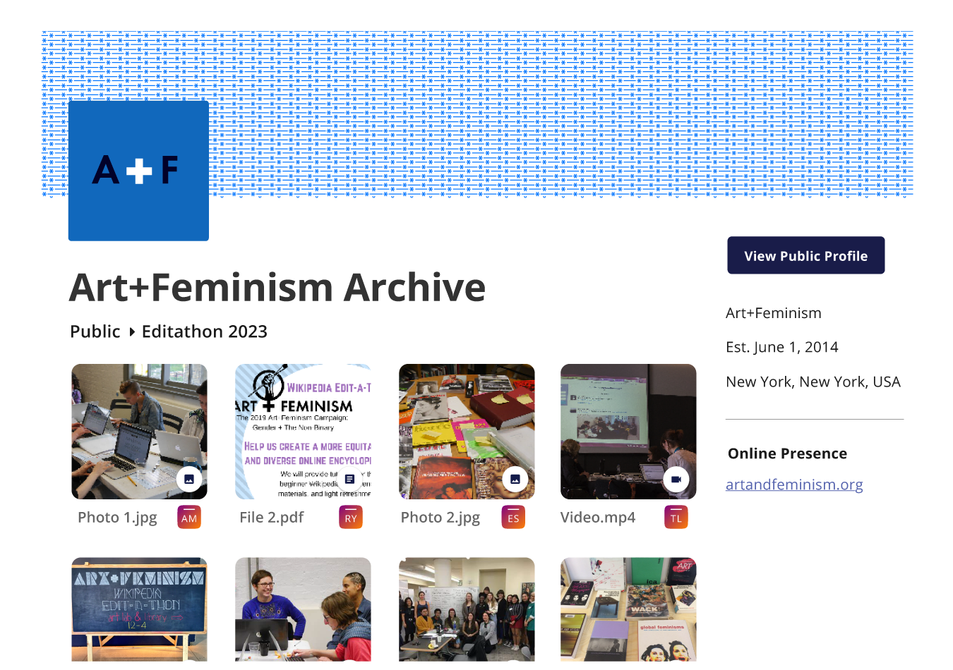 In Art+Feminism's public archive on Permanent, a folder titled Editathon 2023, containing photos and video from a Wikipedia editathon