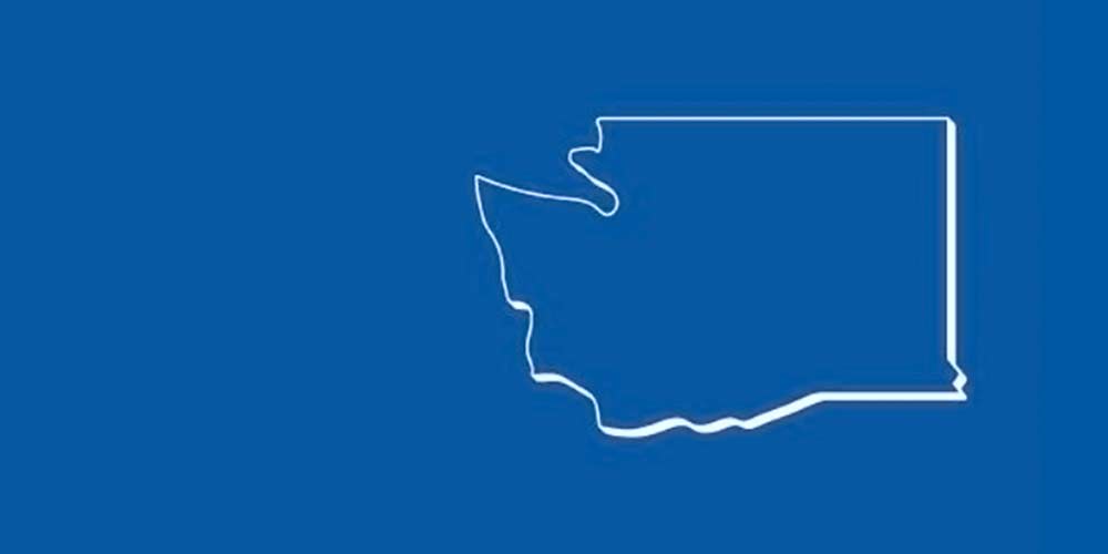 A white outline of the state of Washington on a blue background